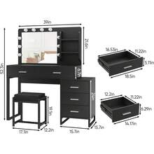 Moderno escritorio de maquillaje con espejo y luces, mesa de tocador negra con 5 cajones y estantes de exhibición, juego de tocador con silla de tocador para dormitorio - Negro - Ver 6