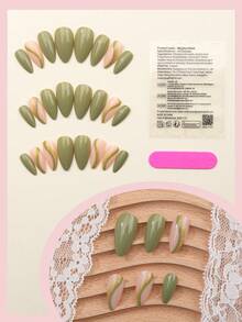 24pcs French Green Line Glitter Press-On Nails, With Jelly Gel And Nail File, Durable And Chic, Suitable For Holidays, Daily Wear, School, Office, Party, Nail Art, Nail Kit - Multicolor - View 3