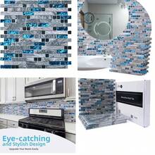 Azulejo Decorativo de Piedra Mineral y Cristal, Color Azul/Gris, 30x30 cm, para Salpicadero de Cocina, Baño o Ducha, Paquete de 5 Unidades con Malla Trasera - a23631+5 hojas - Ver 1