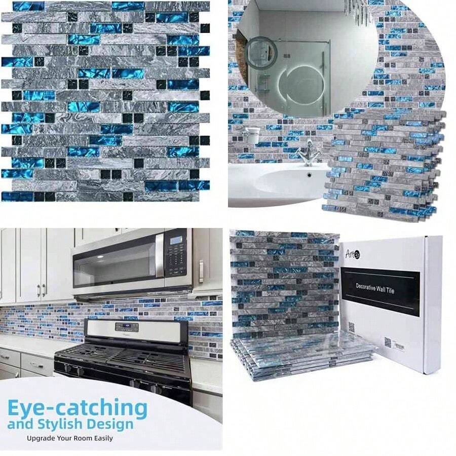 Azulejo Decorativo de Piedra Mineral y Cristal, Color Azul/Gris, 30x30 cm, para Salpicadero de Cocina, Baño o Ducha, Paquete de 5 Unidades con Malla Trasera - a23631+5 hojas - Ver 1