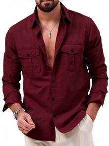 Men's Khaki Business Casual Long Sleeve Shirt, Solid Color Versatile Long Sleeve Button-Down Shirt - Burgundy - View 2