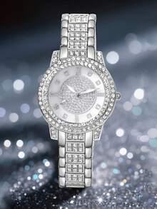 2PCS Luxury And Gorgeous Women's Quartz Watch Set, Women's Silver Jewelry Set (Including A Fully Rhinestone-Studded Silver Metal Strap Quartz Watch With Roman Numeral Dial And A Fully Rhinestone Silver Bracelet).