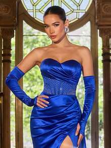 Faeriesty 优雅皇家蓝无肩带女士长款派对礼服 | 可拆卸袖子，钻石装饰，腰部缝线细节，不对称垂褶侧边，缎面高开衩鱼尾裙，修身剪裁，适合新年、情人节、正式派对、盛大晚宴和庆祝活动 - 寶藍色 - 查看 4