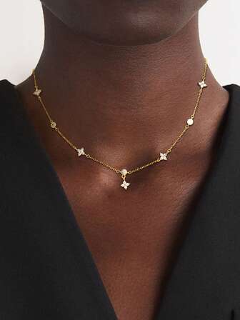 1pc S925 Sterling Silver Necklace, Fashion Floral & Clover Cubic Zirconia Pendant, Minimalist Dainty Clavicle Chain, Jewelry Gift For Women, Mother, Girlfriend, Friend, Daily Wear