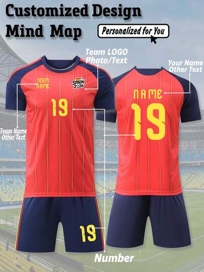 2pcs Personalized 2627 Season Spain Red Style Men's Soccer Jersey- Customized Name,Number Team Name And Team Logo Short Sleeve T-Shirt+Shorts Sports Set Gift For He,Stylish,Fashion,Hipster,Casual,Minimal Chic,Personalized,Customized,Custom,Unique,Guy Costumes,Capsule Wardrobe,Men Basic/Street Style,Ideal Gifts For Him,Boyfriend,Family,Friends,For Birthdays,For Vacation/Holiday,For School/Competition,For Sports/Climbing