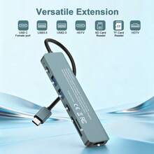 JcBlaon 兼容MacBook的USB-C集线器 – 7合1 USB-C适配器，配备4K高清电视接口、100W PD快充、USB 3.0 5Gbps端口和SD/TF读卡器 – 适用于办公、会议、旅行和居家环境的USB-C扩展坞 – 深空灰 - 灰色 - 查看 3