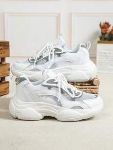 Women's White And Gray Mesh Leather Patchwork Platform Sneakers For All Seasons, Featuring Comfortable Soft Soles, Lightweight And Versatile, Suitable For Outdoor Hiking And Walking. Retro Casual Sporty Style, Perfect For Everyday Wear Or Holiday Gifts. - White Ash - View 4