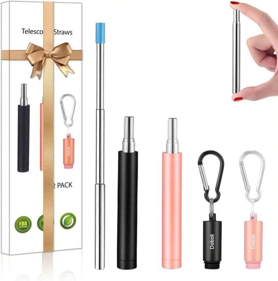 2 Pack Reusable Metal Straws Collapsible Stainless Steel Drinking Straw Travel Portable Telescopic Straw With Case For Cruise Ship Essentials Black/Rose Gold - Màu A - Xem 1