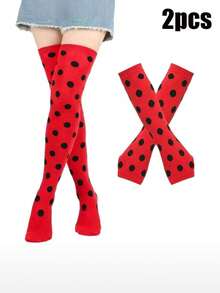 2pcs Ladybug Costume Accessories Set, Cute Ladybug Makeup Party Decoration Props, Red & Black Polka Dot Socks + Fingerless Gloves, Suitable For All Ages, Halloween - Multicolor - View 9