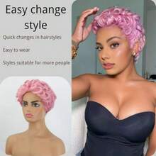 DPink Curly Wig Afro Pixie Cut Curly Wigs For Women Pixie Fluffy Wig With Bangs Mixed Pink Synthetic Cute Wigs For Black Women - Pink - 查看 5