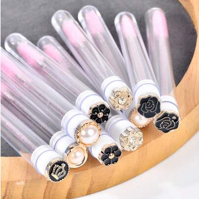 Set de 5 piezas/10 piezas de cepillos para pestañas y cejas con corona de perlas y flores, set de brochas de maquillaje portátil en tubo, herramienta de belleza práctica para viajar