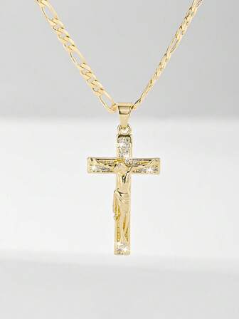 1pc European & American Classic Copper Inlaid Zirconia Jesus Cross Pendant Necklace, Limited Edition "Light Of Protection", Suitable For Christmas/Thanksgiving/Halloween/Mother's Day/Valentine's Day Gifts For Couples/Friends/Believers, Catholic First Communion, Gifts, Daily & Holiday Wear For Prayer