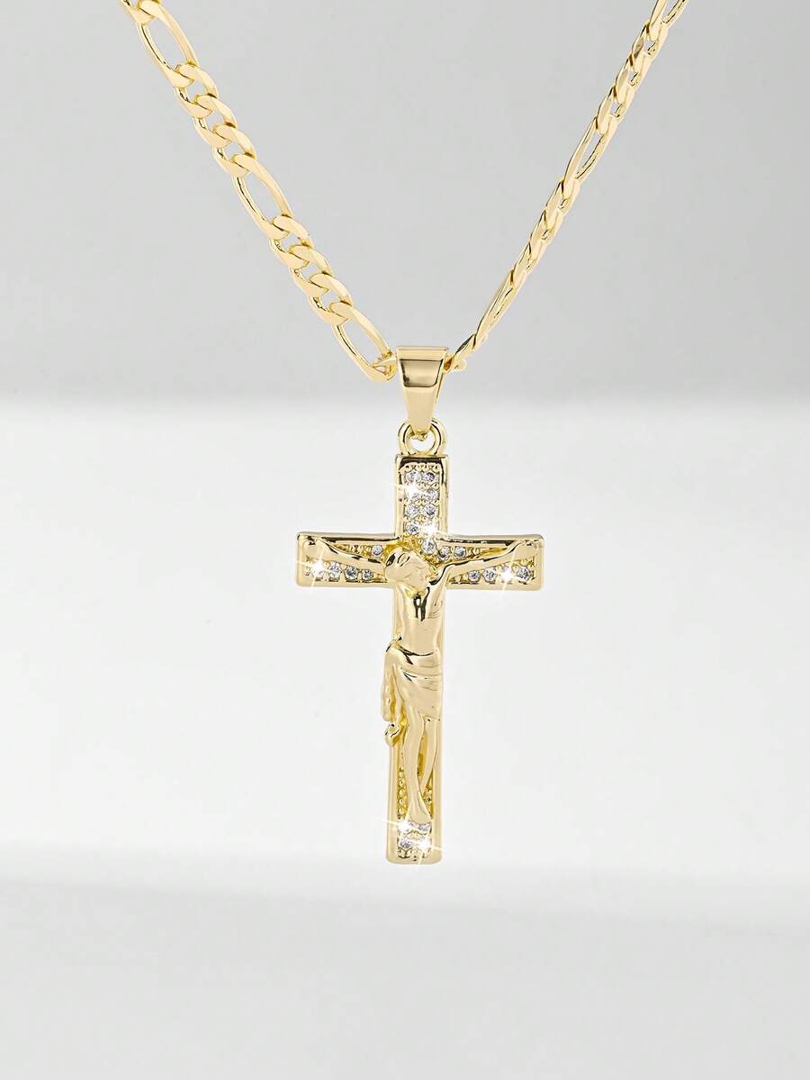 1pc European & American Classic Copper Inlaid Zirconia Jesus Cross Pendant Necklace, Limited Edition "Light Of Protection", Suitable For Christmas/Thanksgiving/Halloween/Mother's Day/Valentine's Day Gifts For Couples/Friends/Believers, Catholic First Communion, Gifts, Daily & Holiday Wear For Prayer - Yellow Gold - View 1