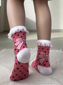 1 Pair Women's Pink Bow Polka Dot Pattern Lace Trim Cute & Versatile Mid-Calf Socks, New Arrival Spring/Summer - Pink - View 9
