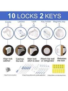 10 Locks And 2 Keys Magnetic Cabinet Locks For Baby , Invisible Lock, Prevent Finger Pinching, Suitable For Drawer And Cabinet, Daily Use - White - View 7