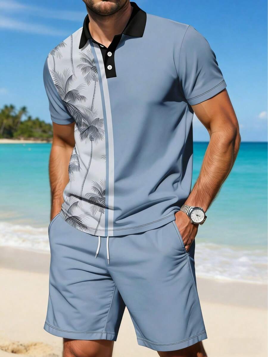 Bộ áo polo và quần short nam in hình cây dừa, phong cách đi biển. - Nhiều màu - Xem 1