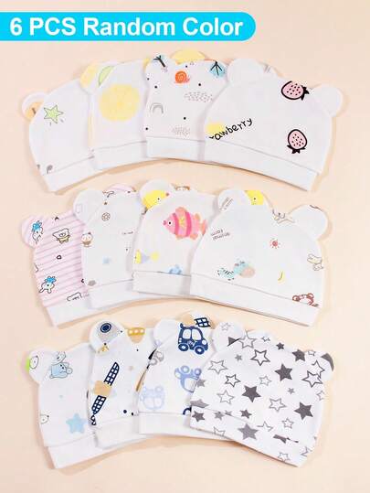 6 st mössor med björnöron för nyfödda (0-3 månader) - mjuka och lätta mössor för pojkar och flickor, söta tecknade tryck (jordgubb/stjärnor/kanin), andningsbara sommarmössor för sjukhus/barnkammare