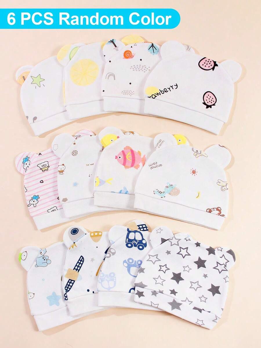 6Pcs Newborn Bear Ears Beanies (0-3 Months) - Soft Lightweight Infant Hats For Boys & Girls Adorable Cartoon Prints (Strawberry/Stars/Bunny) Breathable Summer Hospital/Nursery Caps - Multicolor - View 1