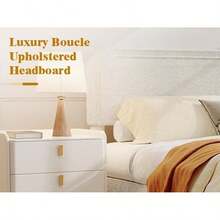 Marco de cama Boucle de tamaño completo, cama plataforma moderna con cabecero, ensamblaje fácil y sin ruido, soporte de listones de madera, color blanco beige - Beis - Ver 6