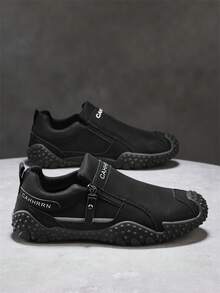 2025春夏新款男士透气麂皮和猪皮增高运动鞋，耐穿高帮厚底减震防滑休闲一脚蹬乐福鞋，适合所有季节 - 黑色 - 查看 5