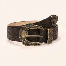 1pc Vintage Western Style Coffee-Color Metal Bull Head Buckle Dragon Embossed PU Leather Belt, Suitable For Daily Wear - Coffee - View 3