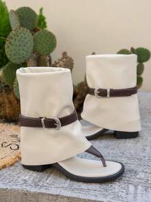 Women's Sandals 2026 New Summer Thick Heel Toe Post Sandals White Bootcut Boots Niche Roman High Heel Outdoor Riding Sandals Beach Buckle Beach - Beige - View 5