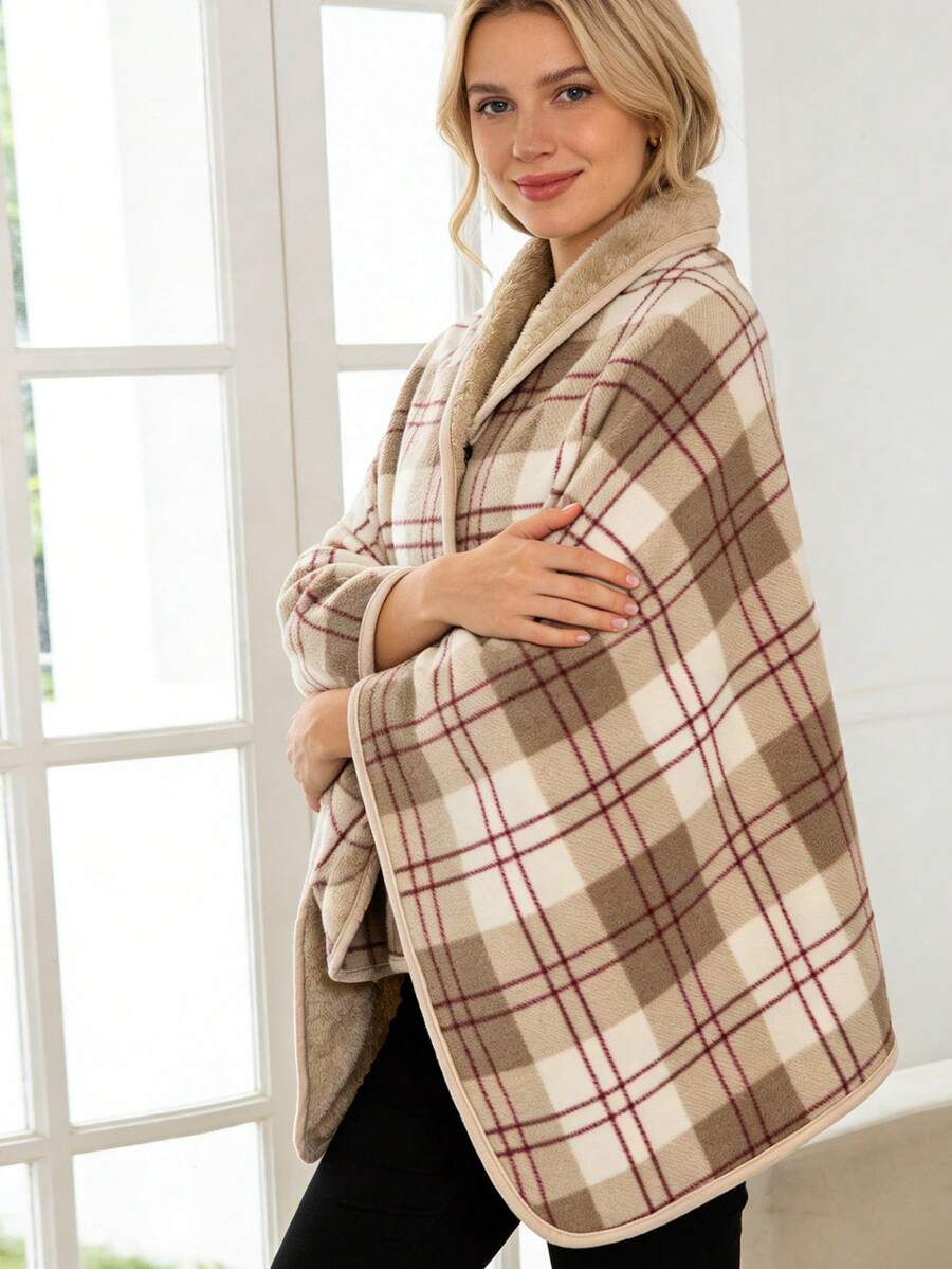 1pc Cozy Plush Wearable Blanket, Checkered Pattern Wearable Blanket Shawl (With Buttons), Super Soft Sleeveless, Vintage Style, Machine Washable, Warm & Comfortable