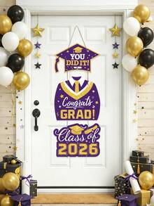 2026 Purple Graduation Decorations Door Signs Congrats Grad Class Of 2026, Graduation Wreath Hanging Signs Photo Booth Prop For Senior Party - Purple - View 2