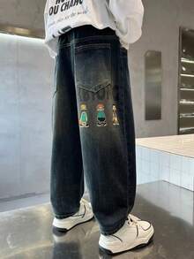 Spring & Autumn New Cartoon Graffiti Big Teen Boy Jeans, Loose Fit Streetwear Dad Jeans For Teenage Boys - Royal Blue - View 4