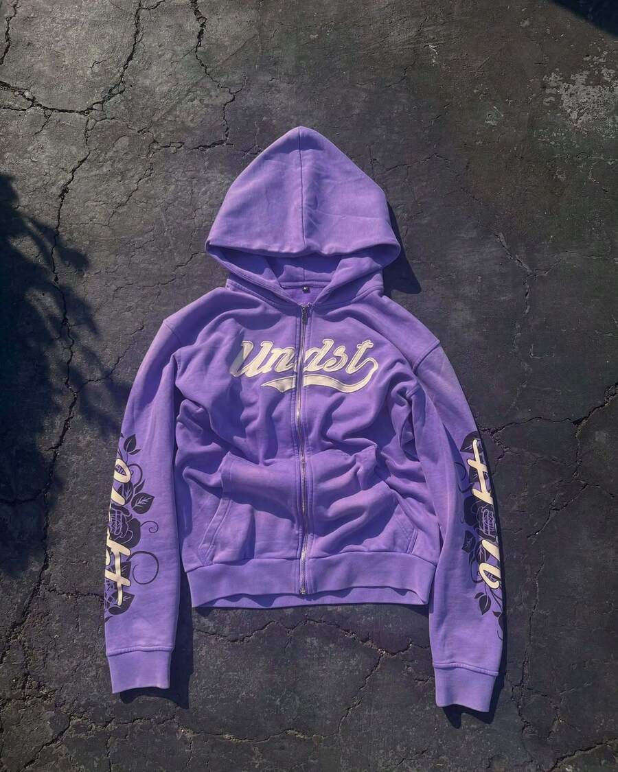 Street Zip-Up Hoodies Letter-Printed Casual Jackets For Men And Women Purple Hooded Sweatshirt Tops Menswear - 紫色 - 查看 1