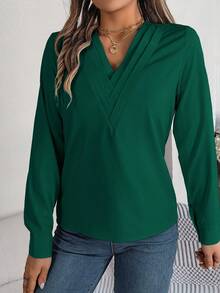 Blusa de manga larga con cuello en V de unicolor, elegante y casual para mujer, primavera/verano - Verde - Ver 7