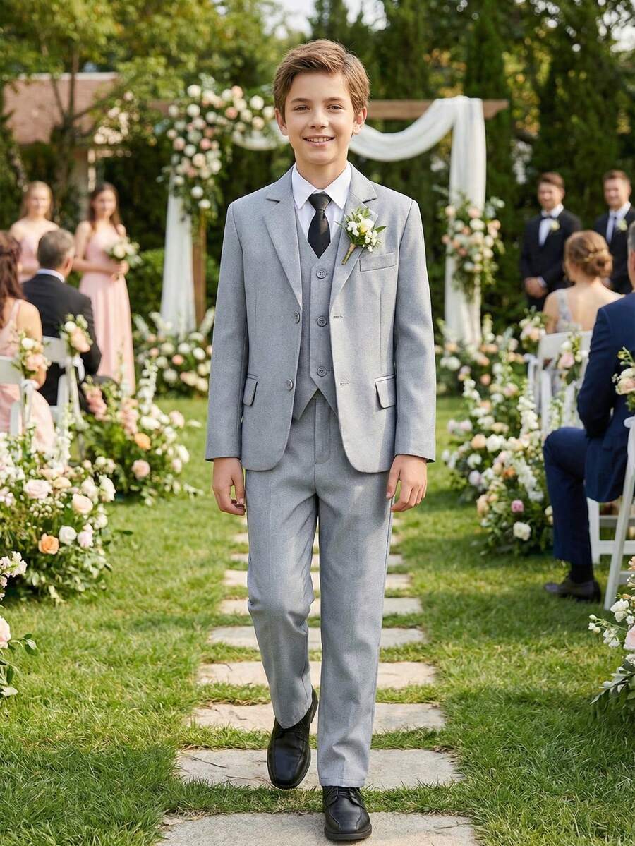 青少年男孩五件套西装，幼儿燕尾服正装，花童礼服，婚礼西装外套、马甲、裤子、衬衫、领带，正式西装，适合青少年男孩生日、婚礼、毕业典礼、婚礼宾客等场合，浅灰色，尺码6-16岁 - 淺灰色 - 查看 1