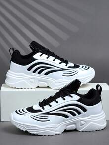 Men's Sports Shoes Casual Sneakers, Lace Up Soft Sole Flat Comfortable Academy Sports Shoes For Men, Lightweight Low-Top Daily Shoes - Black and White - View 5