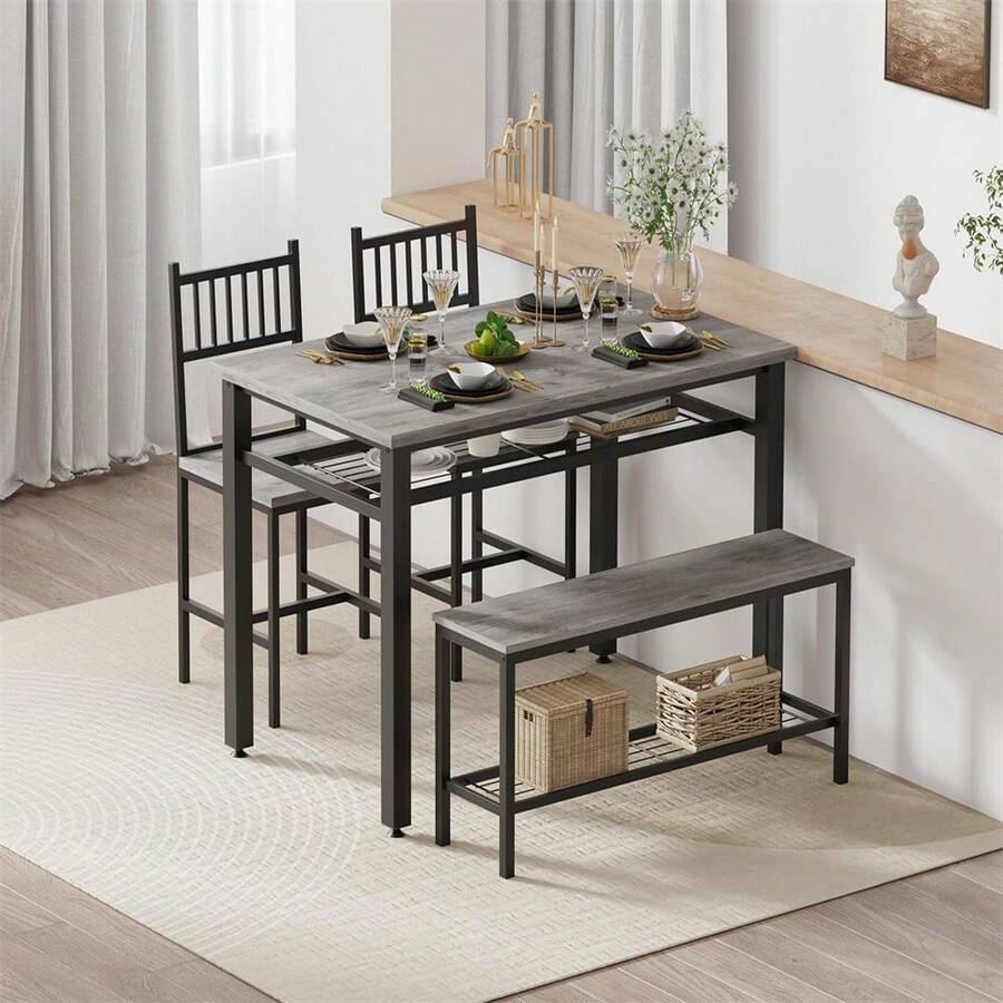 Juego de mesa de comedor moderna para 4 personas, mesa de cocina para 4 personas con sillas y banco de almacenamiento, juego de comedor rectangular de 47 pulgadas con banco, juego de mesa - Gris - Ver 1