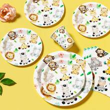 丛林动物主题派对一次性餐盘、餐巾纸、纸杯套装 - 一次性派对用品套装，适合25位客人，一次性纸盘，派对餐具，适用于生日、婚礼、主题派对、家庭野餐 - 彩色 - 查看 4