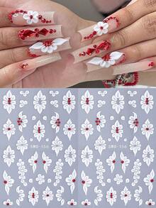 2 piezas Pegatinas de uñas 5D con elegantes pétalos blancos, diseño de joyería con flores rojas y cristales, decoración de uñas autoadhesiva para regalo de mujeres y niñas, suministros para manicura de salón - Multicolor - Ver 2
