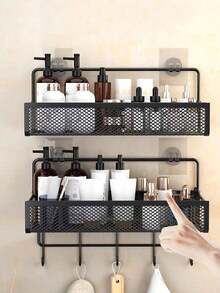 No Drill Bathroom Wall Mounted Storage Rack, Washroom Toilet Shower Hanging Hook Bathroom Organizer - Black - View 12