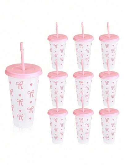 1pc Reusable Cute Pink Bow Plastic Cup With Lid And Straw, Transparent, Suitable For Iced Coffee, Water, Juice, Soda, Great For Beach, Wedding, Birthday, Holiday, Christmas, Halloween, Party, Office, Pool, Events, Dates, Outdoor Activities, Sports Bottle, Outdoor And Daily Use Water Bottle (Note: The Product May Have Some Scratches During Transportation, But It Does Not Affect The Use)