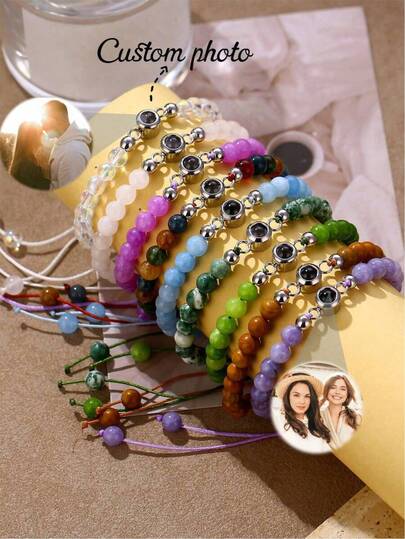 1 pieza Pulsera de proyección de piedra natural personalizada, Pulsera de piedra de ojo de tigre de 6 mm, Pulsera de pareja de piedra natural ajustable, se puede personalizar con foto familiar, regalo ideal para ella, regalo ideal para él, regalo para novia, mamá, familia, amigos