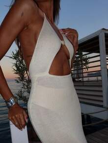 Women's New Bohemian Style Apricot Spaghetti Strap Dress, Sexy Deep V-Neck Backless High Slit Long Dress, Hollow Out Waist, Elegant Lightweight Coverup Dress, Suitable For Beach Vacation, Beach Party, Music Festival, Cocktail Party, Pool Party, Miami Vibe Dress Summer - Apricot - View 6