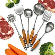 [Saudi Kitchen Essential] 6-Piece Stainless Steel Cooking Set (Including Spatula, Ladle, Etc.) | Ergonomic Wooden Handle | Dishwasher | Holiday Gift | Home Storage - Multicolor - View 5