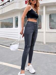 Happy Girl休闲弹力腰拉链牛仔裤，春夏百搭，适合休闲、时尚、日常穿着、生日派对、返校派对、单身派对、旅行、机场、下午茶派对等场合。 - 黑色 - 查看 2