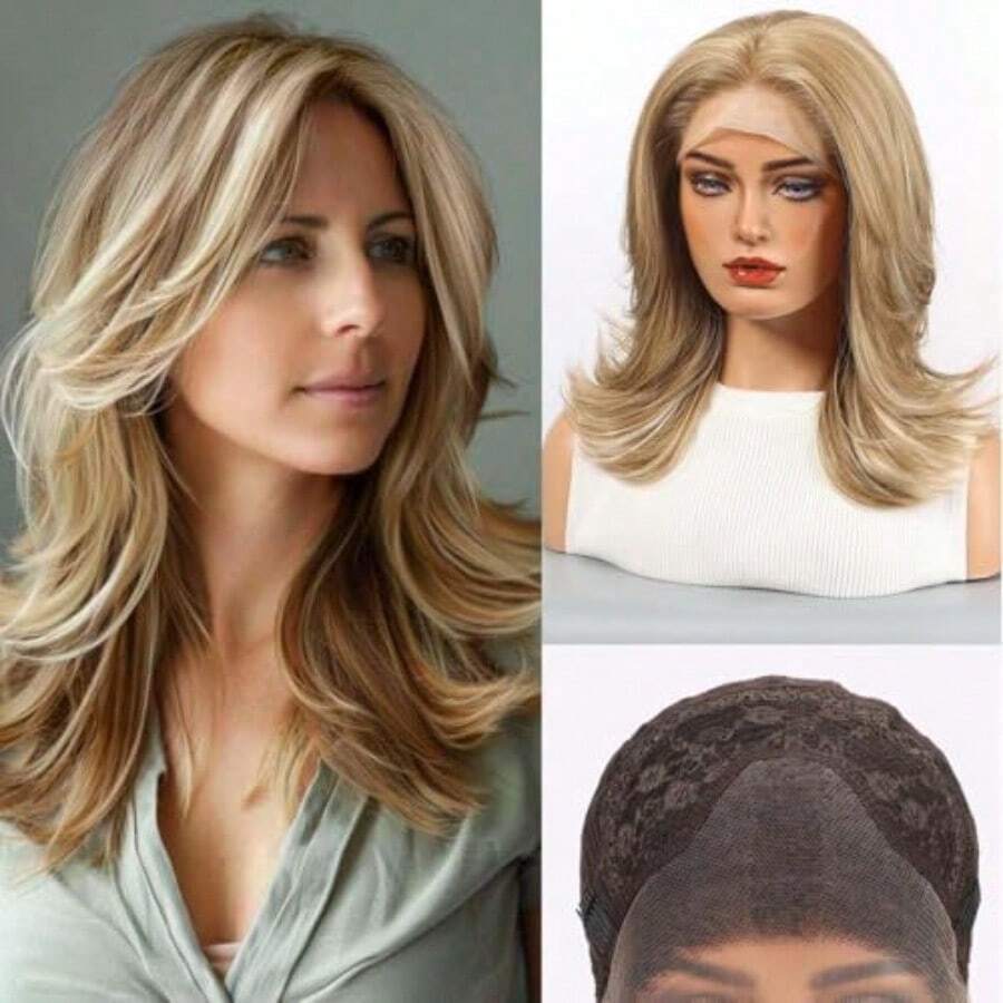 DWig For Women Lace Front Wigs Synthetic Wigs For Women 18-Inch Shoulder Length Layered Natural Wavy Wig Ash Honey Blonde With Highlight #K163 - 灰蜂蜜金挑染K163 - 查看 1