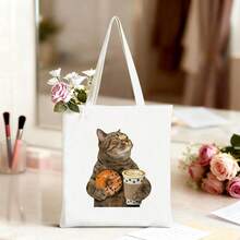 1pc Funny Cat, Donut & Coffee Print Canvas Tote Bag, Fabric Travel Handbag For Daily Use
