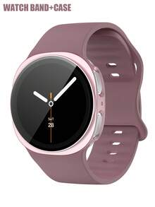 Conjunto de 2 en 1 de correa de reloj de silicona suave + funda protectora, compatible con Samsung Galaxy Watch4 de 40 mm/44 mm. Correa de reloj de silicona cómoda con hebilla de remache, combinada con una funda protectora a prueba de golpes y resistente a los arañazos de PC y un protector de pantalla de vidrio templado. Tacto sensible, adecuado para hombres y mujeres. - Correa de color morado ahumado con caja de oro rosa - Ver 1