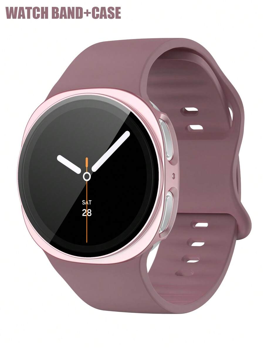 Conjunto de 2 en 1 de correa de reloj de silicona suave + funda protectora, compatible con Samsung Galaxy Watch4 de 40 mm/44 mm. Correa de reloj de silicona cómoda con hebilla de remache, combinada con una funda protectora a prueba de golpes y resistente a los arañazos de PC y un protector de pantalla de vidrio templado. Tacto sensible, adecuado para hombres y mujeres. - Correa de color morado ahumado con caja de oro rosa - Ver 1