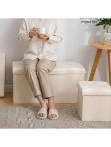 1pc Foldable Linen Storage Ottoman, Large Capacity, Suitable For Shoe Changing Or Sofa Bench, Multi-Functional Storage Stool