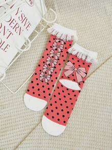 1 Pair Women's Pink Bow Polka Dot Pattern Lace Trim Cute & Versatile Mid-Calf Socks, New Arrival Spring/Summer - Pink - View 2