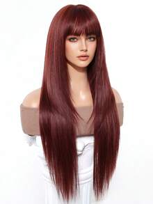 [Heat Resistant Synthetic Wig] Heat Resistant 28" Long Straight Synthetic Wig With Bangs - Natural Looking Soft Hair For Daily Wear, Cosplay, Halloween, Music Festivals, And Christmas Events - Women's Fashionable Burgundy - 酒紅色 - 查看 5