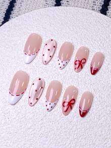 10片手工制作的按压式短指甲贴，波点美甲贴，法式美甲贴纸，棕色、红色、黑色、白色、粉色、蓝色美甲贴，可爱美甲贴，畅销手工五角星，3D瓢虫蝴蝶结装饰杏仁形美甲贴纸，适合女性和女孩，包含美甲工具 - 紅色 - 查看 4
